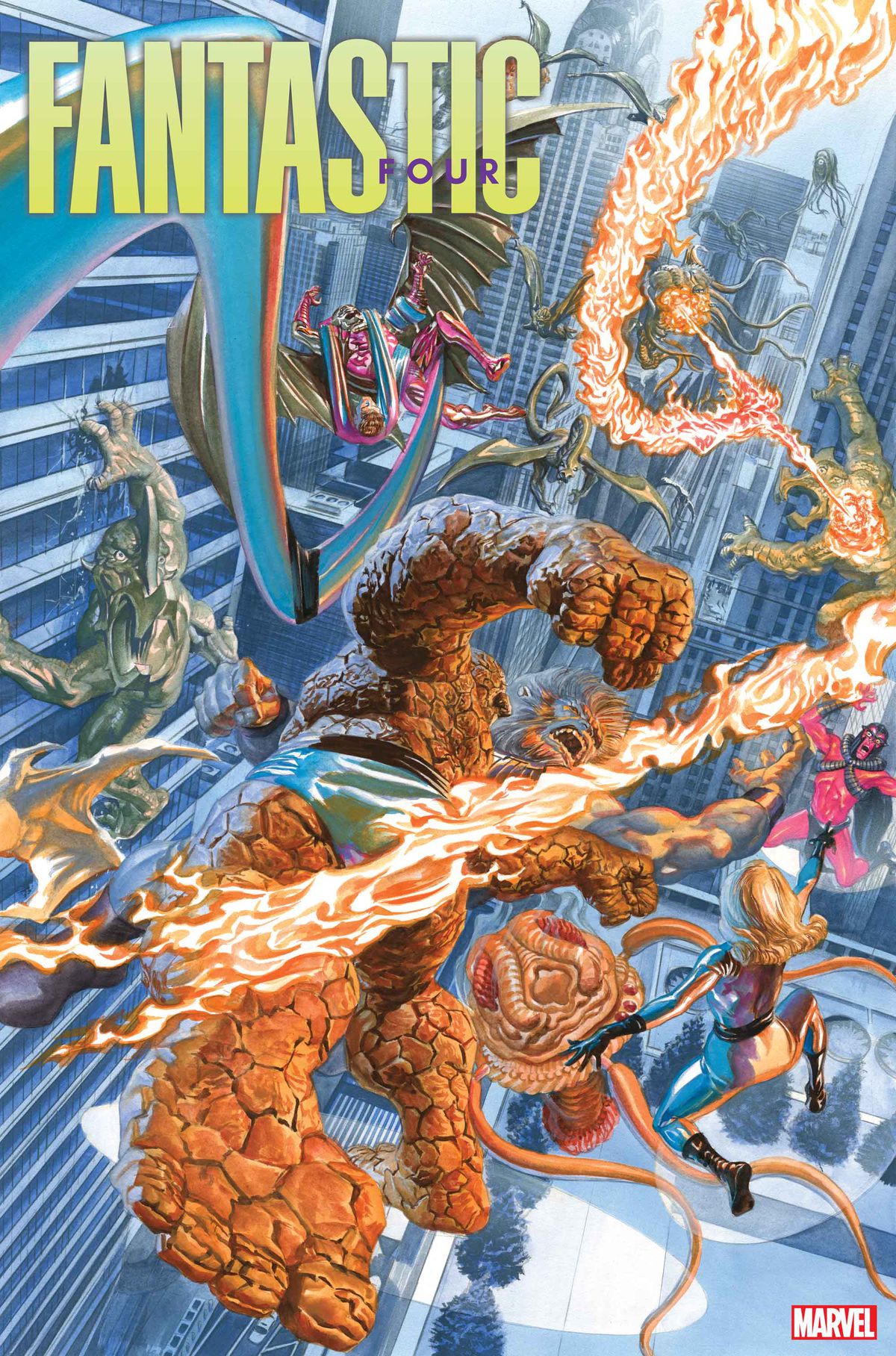 I Fantastici Quattro combattono creature fantastiche sulla copertina di Fantastic Four # 4 (2023).