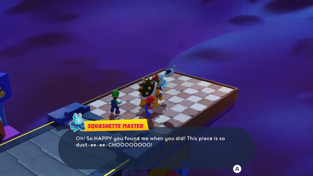 Mario, Luigi e Bowser parlano con lo Squashette Master Scintilla in Mario + Rabbids Scintille di speranza