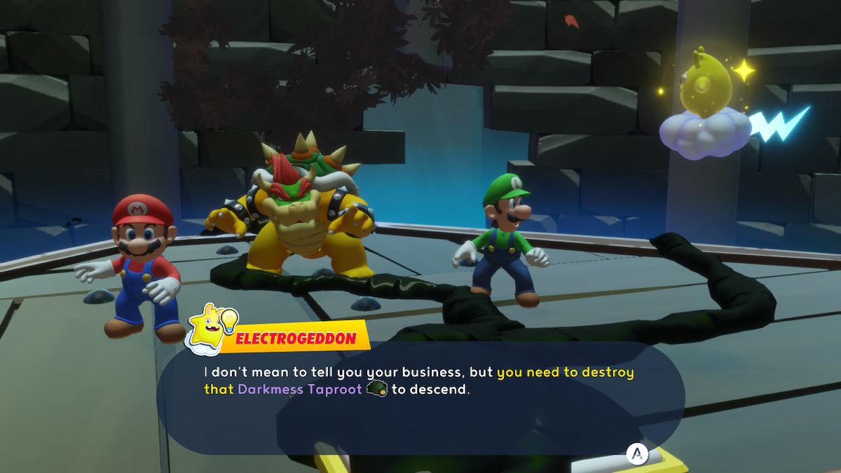 Mario, Bowser e Luigi parlano con l'Electrogeddon Spark in Mario + Rabbids Sparks of Hope