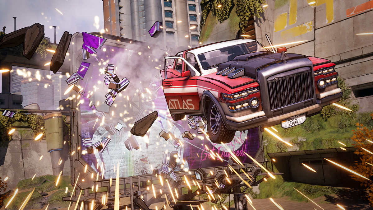 Un'auto, con le decalcomanie di Atlus, irrompe attraverso un grande muro sotto una pioggia di scintille in New Tales from the Borderlands