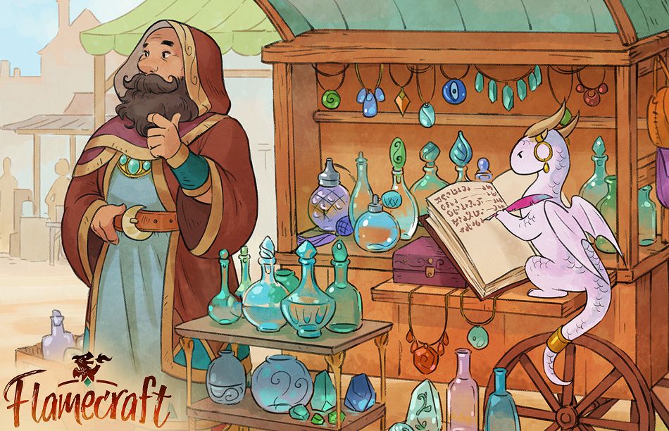 Un uomo rapinato, con indosso gioielli, guarda lontano. I suoi folti baffi sono solcati, nascondendo la bocca. Un piccolo drago astuto scarabocchi in un libro mastro. Il loro carrello è pieno di pozioni magiche e gioielli.