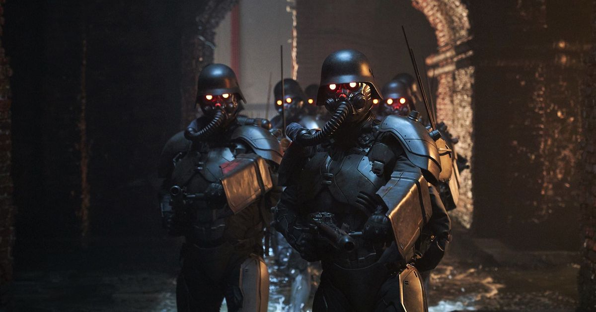 I membri corazzati con maschera antigas della Wolf Brigade in Illang: The Wolf Brigade