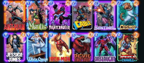 Un elenco di mazzi da Marvel Snap, con le immagini delle carte di Ant-Man, Mantis, Nightcrawler, Cable, Sentinel, Cosmo, Jesisca Jones, White Queen, Iron Man, Devil Dinosaur, Onslaught, America Chavez