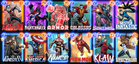 Elenco dei mazzi per Marvel Snap, con immagini per le carte di Ant-Man, Nightcrawler, Armor, Colossus, Sentinel, Mister Fantastic, Punisher, Captain America, Namor, Iron Man, Klaw e Spectrum