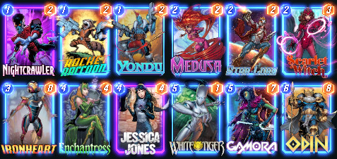 Elenco dei mazzi di Marvel Snap, con immagini delle carte per Nightcrawler, Rocket Raccoon, Yondu, Medusa, Star-Lord, Scarlet Witch, Ironheart, Enchantress, Jessica Jones, White Tiger, Gamora, Odino