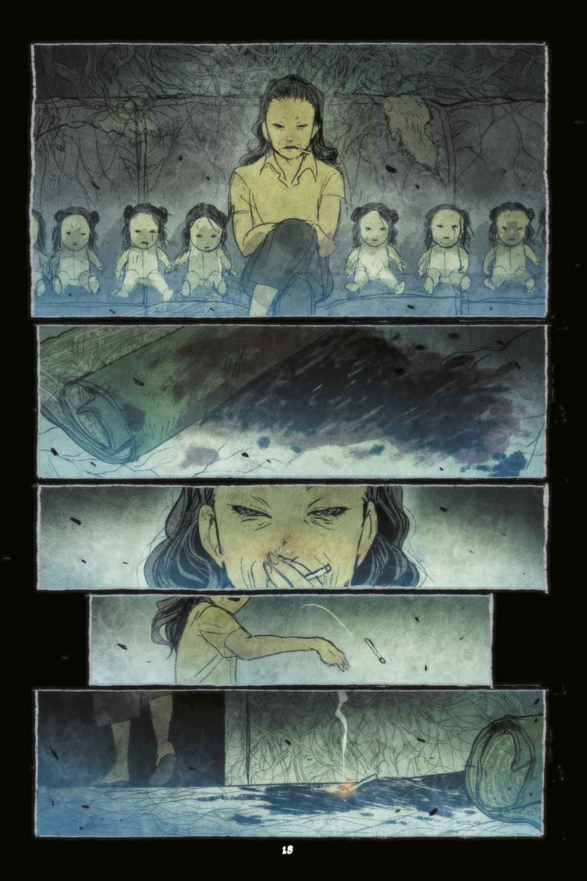 In una pagina della graphic novel di Abrams ComicArts Night Eaters, la protagonista Ipo Ting si siede sul divano strappato, con una fila di bambole nude su entrambi i lati, ed esamina un'enorme macchia di sangue secco sul pavimento, parzialmente nascosta da una -tappeto posteriore. Fuma una sigaretta, poi la getta a bruciare sotto la cenere in mezzo alla macchia di sangue