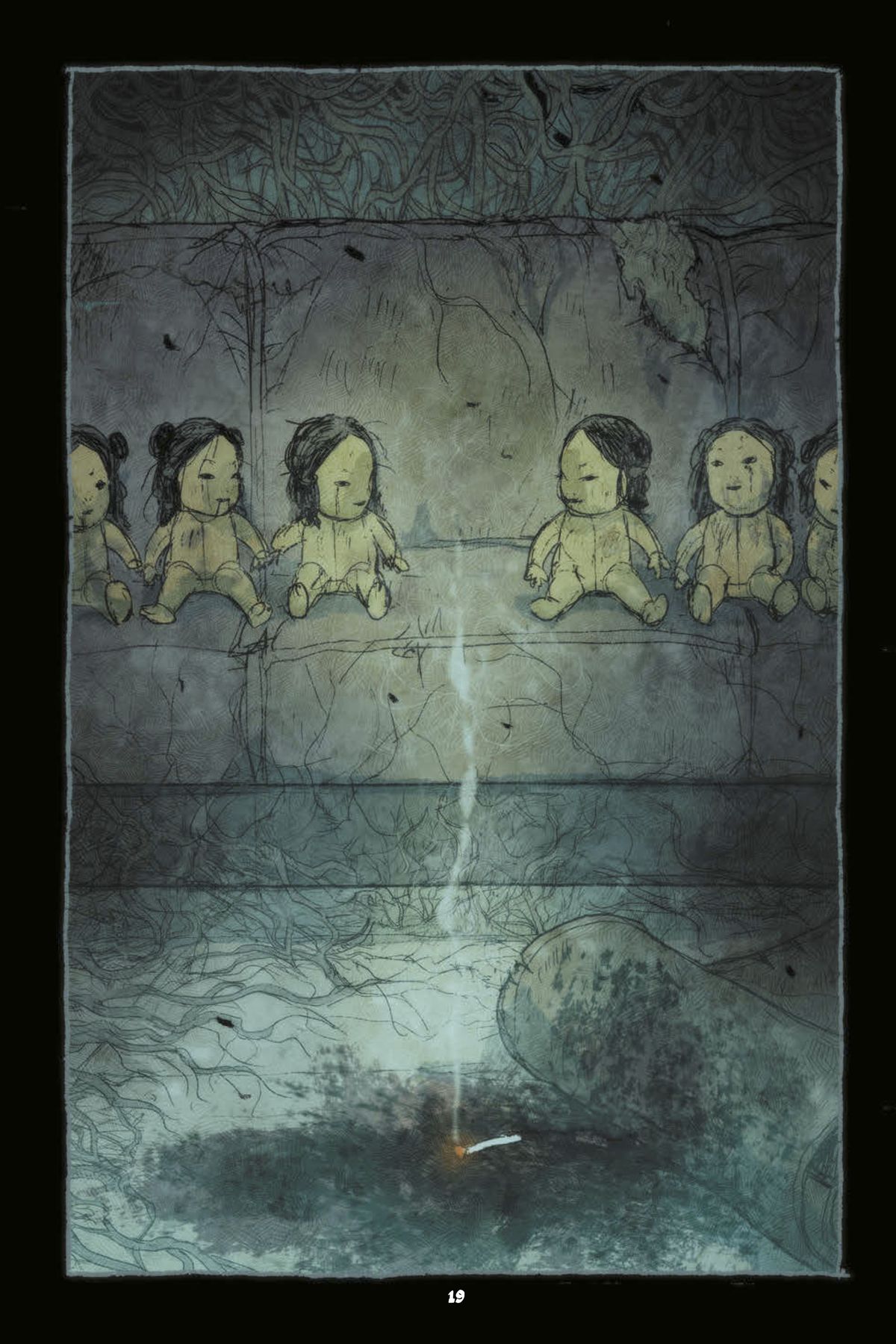 In una pagina della graphic novel di Abrams ComicArts Night Eaters, bambole nude su un divano in una casa abbandonata si girano a guardarsi, mentre una sigaretta abbandonata brucia sul pavimento di fronte a loro, al centro di un vecchio sangue carbonizzato macchia