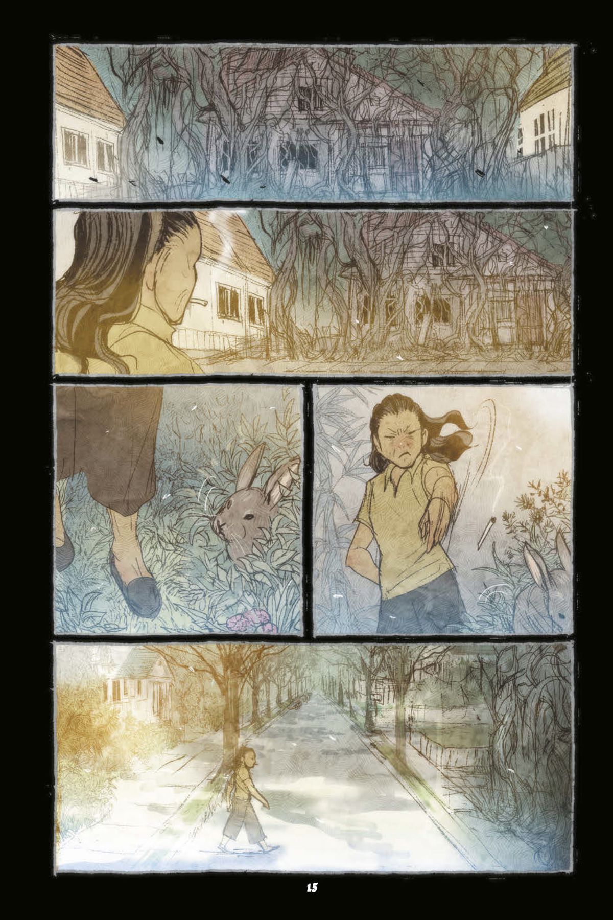 In una pagina della graphic novel di Abrams ComicArts Night Eaters, la protagonista Ipo Ting, una donna cinese di mezza età, esamina una casa buia interamente ricoperta di piante, poi con rabbia lancia la sigaretta a un coniglio in giardino.