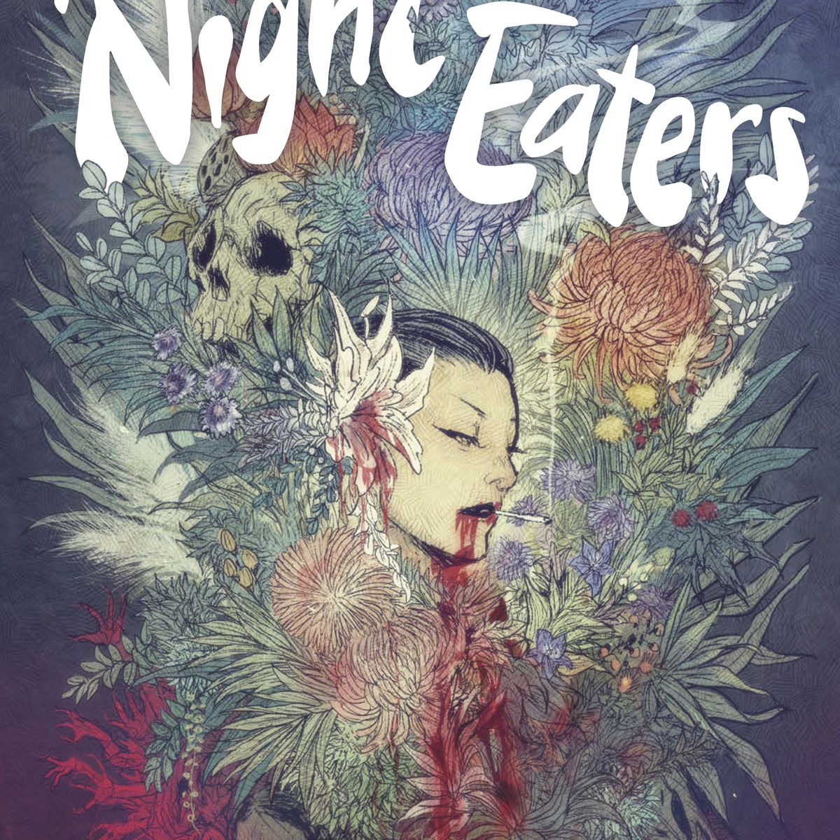 La copertina di Night Eaters Book 1: She Eats the Night è incentrata sulla testa di una donna asiatica con un fiore di loto tra i capelli, una sigaretta che penzola dalle labbra e il sangue che le cola dalla bocca, il tutto circondato da un bouquet lussureggiante di fiori, con un teschio incastonato e una bambola incrinata, con radici rosso sangue che si trasformano in mani che si afferrano sotto il bouquet