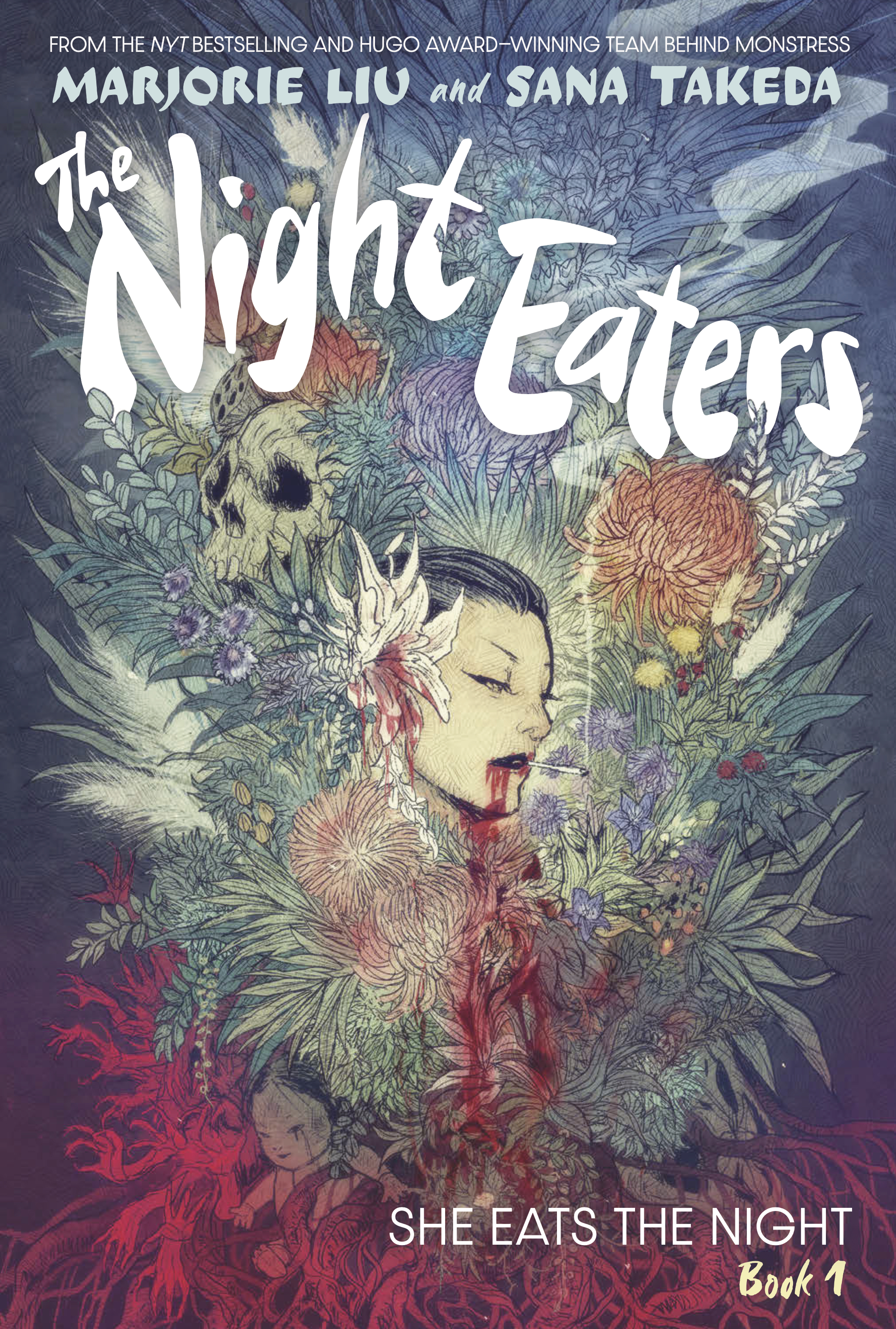 La copertina di Night Eaters Book 1: She Eats the Night è incentrata sulla testa di una donna asiatica con un fiore di loto tra i capelli, una sigaretta che penzola dalle labbra e il sangue che le cola dalla bocca, il tutto circondato da un bouquet lussureggiante di fiori, con un teschio incastonato e una bambola incrinata, con radici rosso sangue che si trasformano in mani che si afferrano sotto il bouquet