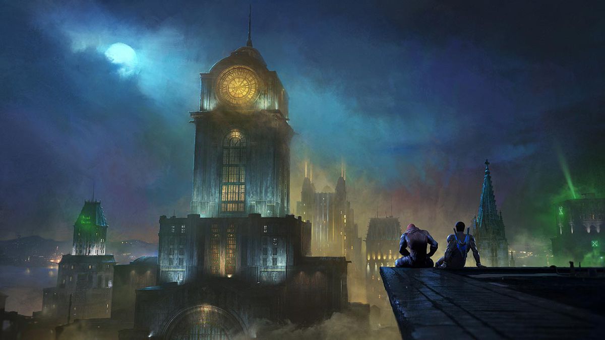 Concept art per Gotham Knights, in cui Red Hood e Nightwing siedono sul bordo di un edificio in primo piano, guardando il campanile