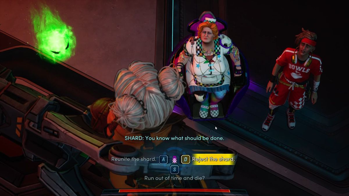 Scegli l'opzione rifiuta il frammento mentre una palla di fuoco verde fluttuante parla con la donna intrappolata nel braccio meccanico. Altri due umani guardano terrorizzati mentre potrebbe porre fine al mondo.