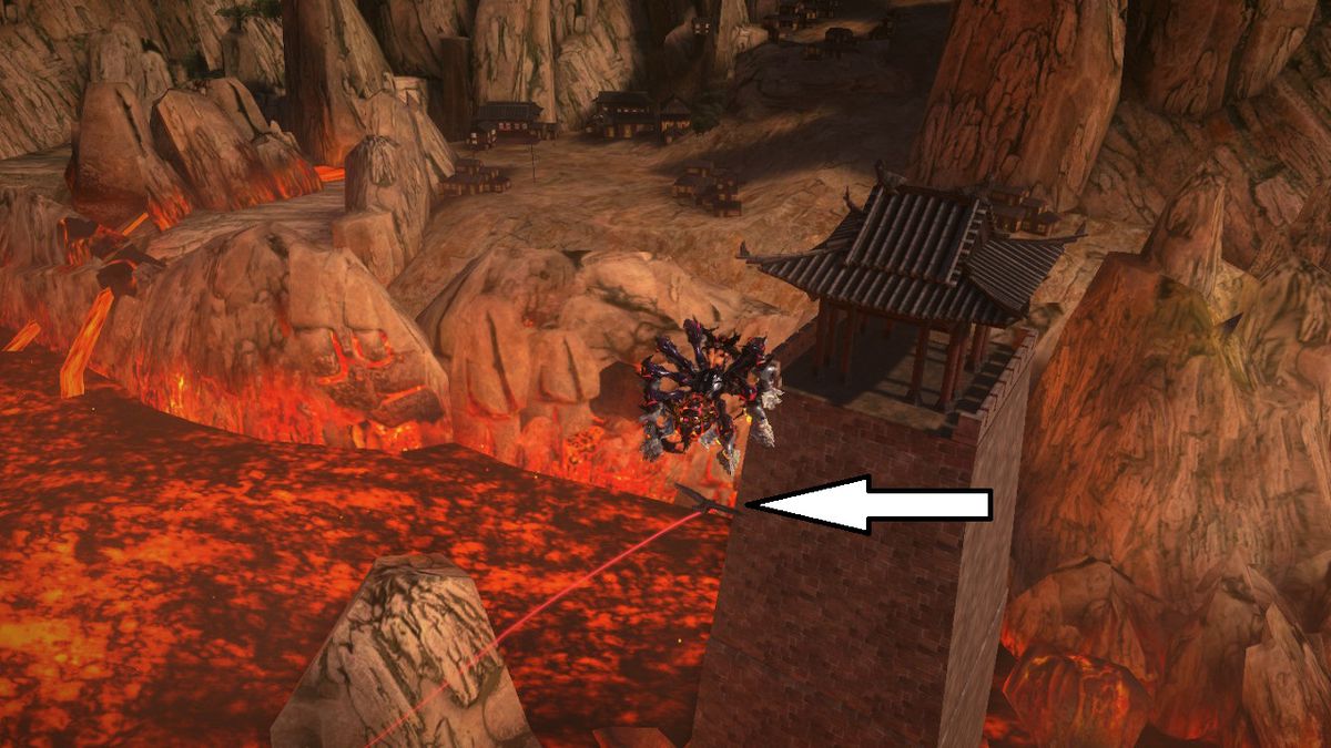 Bayonetta vola in avanti verso un padiglione dell'Asia orientale in una forma bestiale come un corvo vola sotto di lei