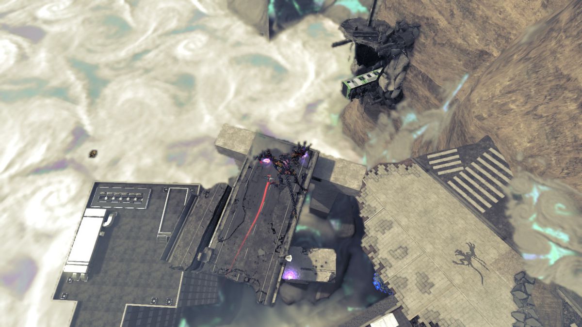 Bayonetta salta su strade ed edifici sbriciolati sopra un corvo che porta un gioiello rosso