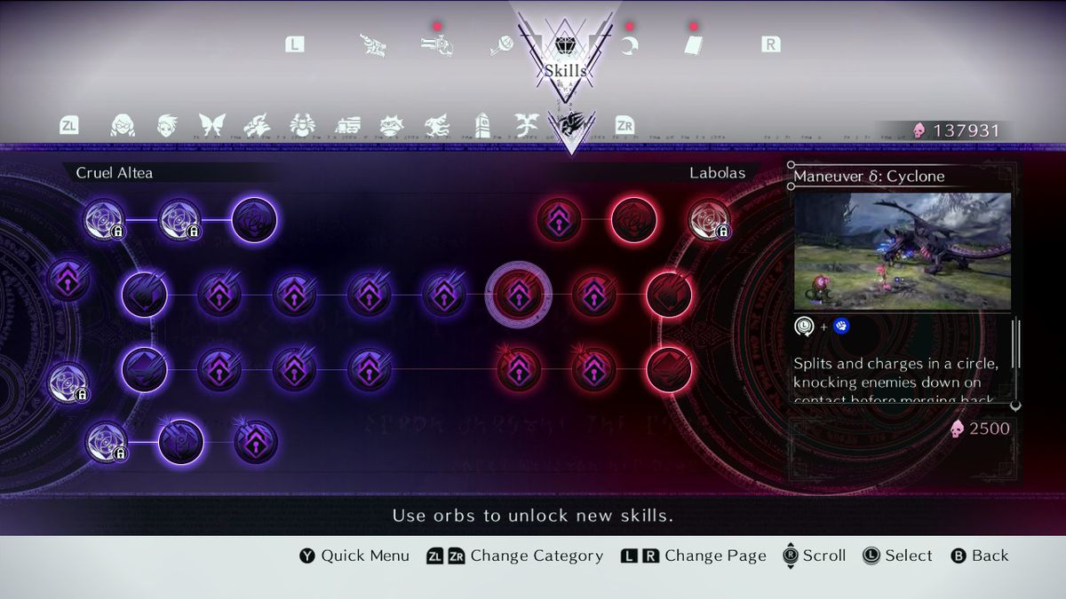 L'albero delle abilità di Bayonetta 3 mostra le abilità di Cruel Altea.