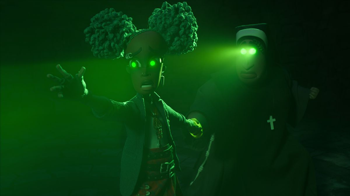 La tredicenne adolescente nera Kat (doppiata da Lyric Ross) è illuminata in verde scuro con i suoi occhi che brillano di verde e una suora alta e spettrale dietro di lei, gli occhi che brillano anche di verde, nel film in stop-motion Wendell & Wild.