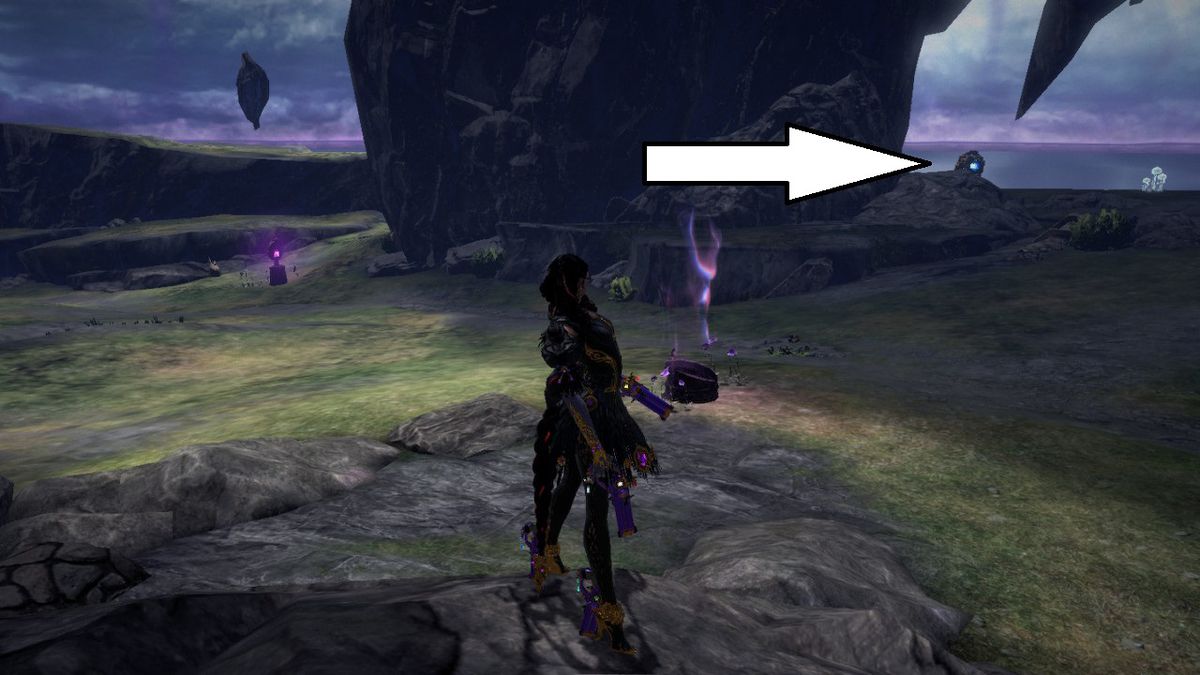 Bayonetta si trova vicino a una scogliera in un campo in Bayonetta 3.