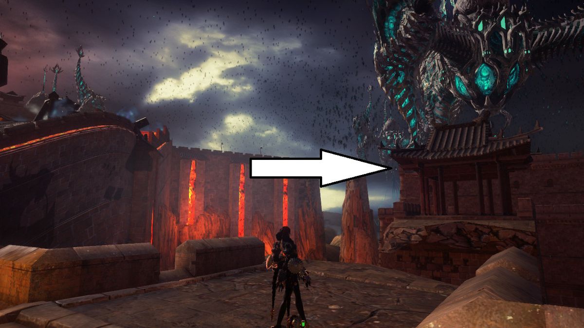 Bayonetta si trova di fronte a una statua di notte in Bayonetta 3.