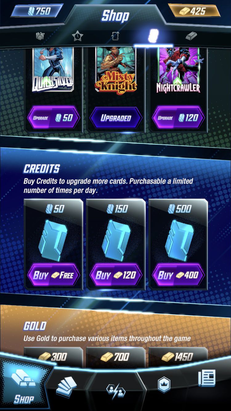 La pagina del negozio di Marvel Snap mostra una serie di crediti a vari prezzi, incluso quello gratuito.