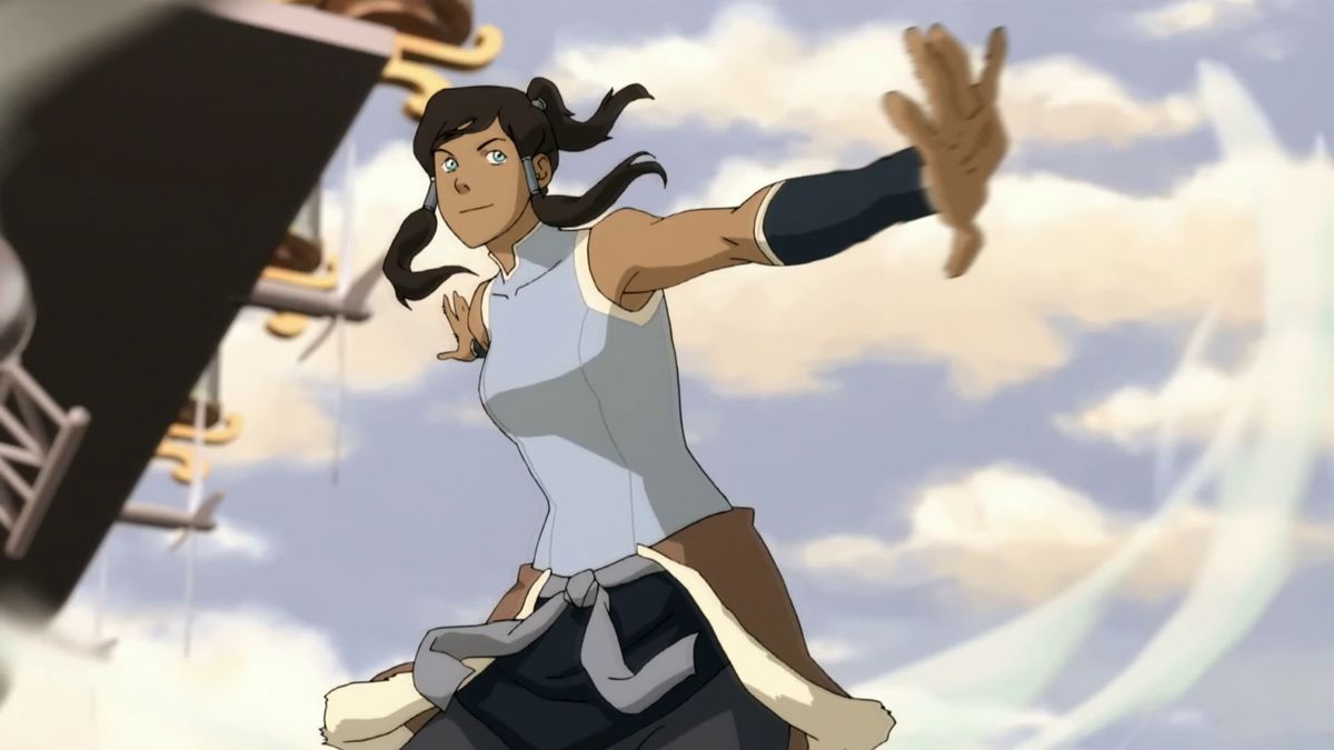 Korra si piega in aria e sorride in The Legend of Korra