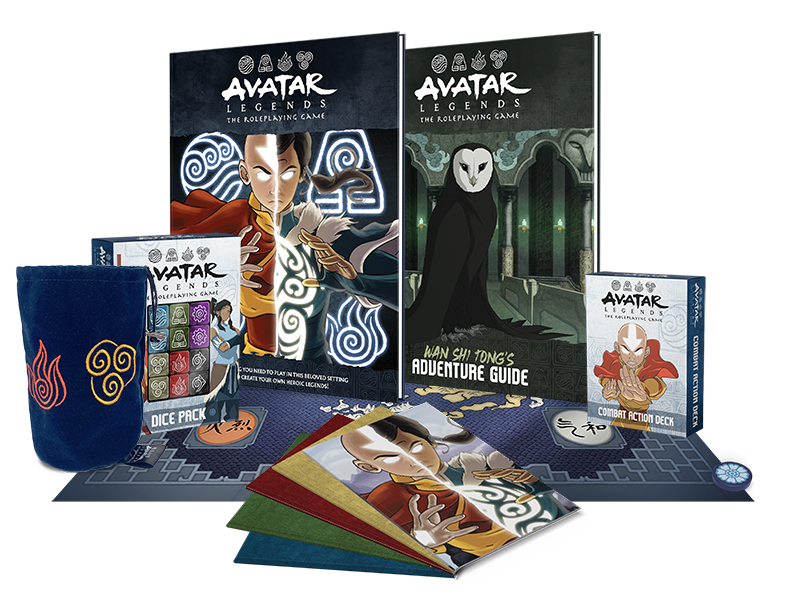 Set Avatar Legends, incluso un regolamento, diversi playbook, un mazzo di azioni di combattimento e diversi dadi