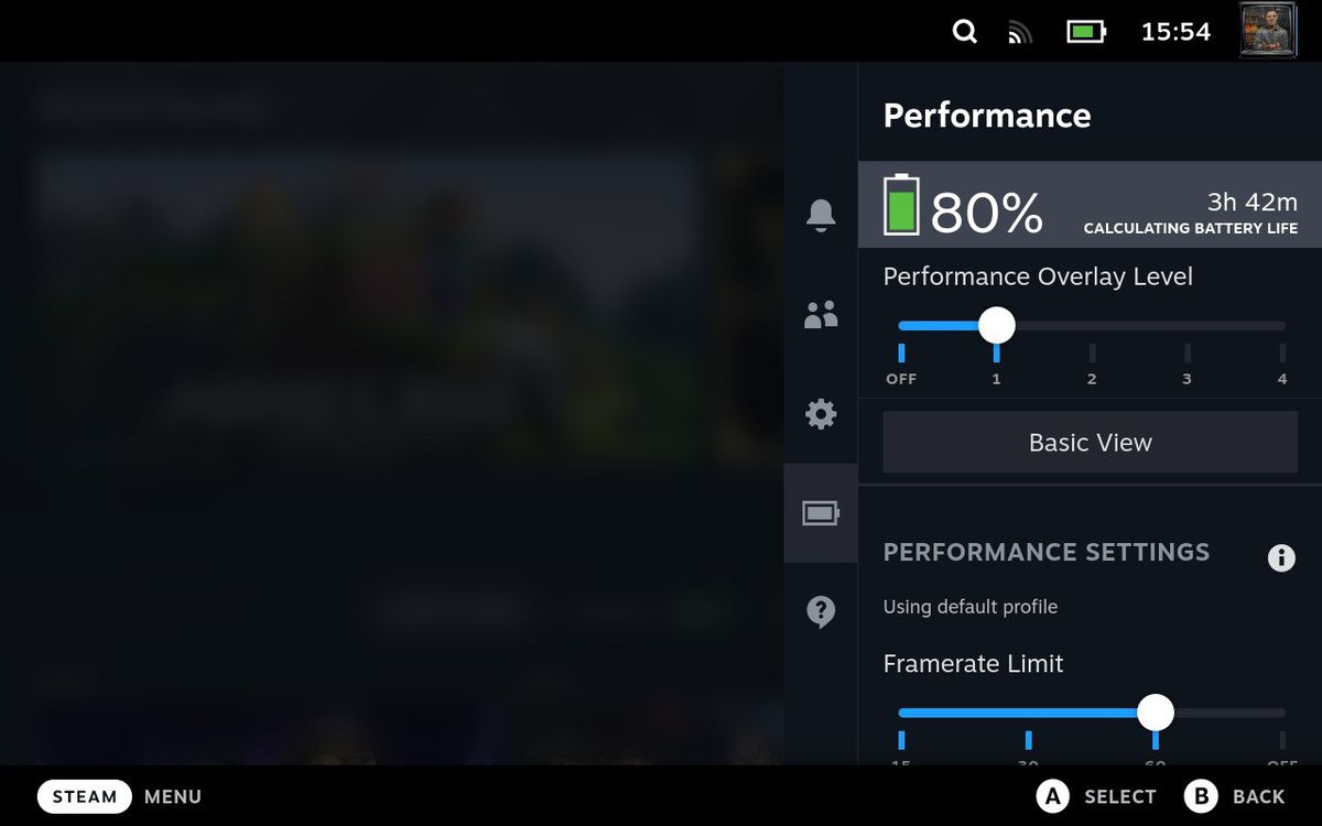 Il menu Performance di Steam Deck mostra le opzioni per ridurre il frame rate.