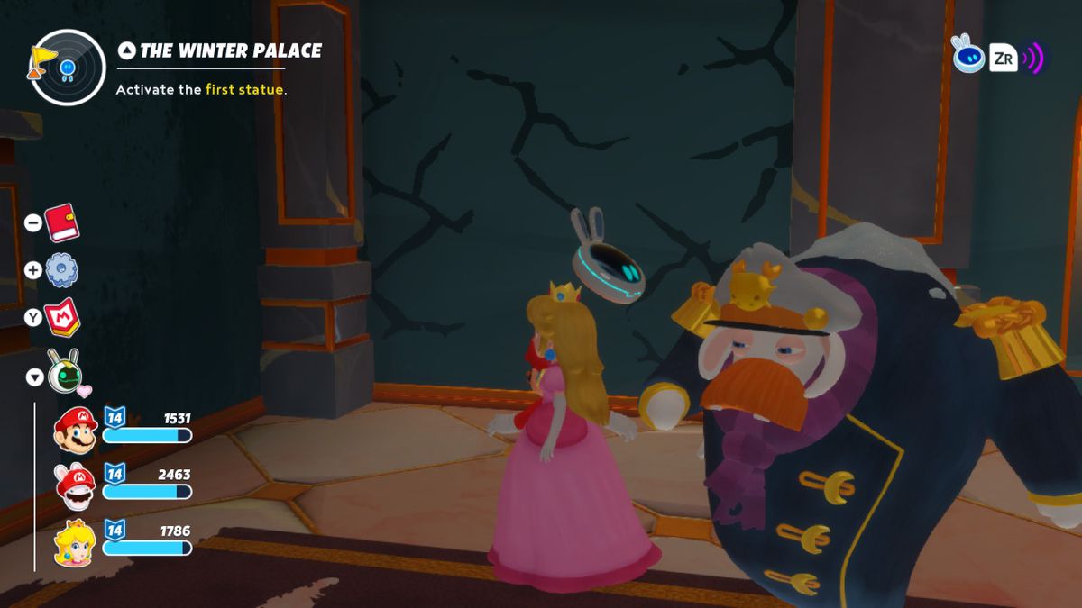 Peach si trova di fronte a un muro rotto nel Palazzo d'Inverno in Mario + Rabbids Sparks of Hope.