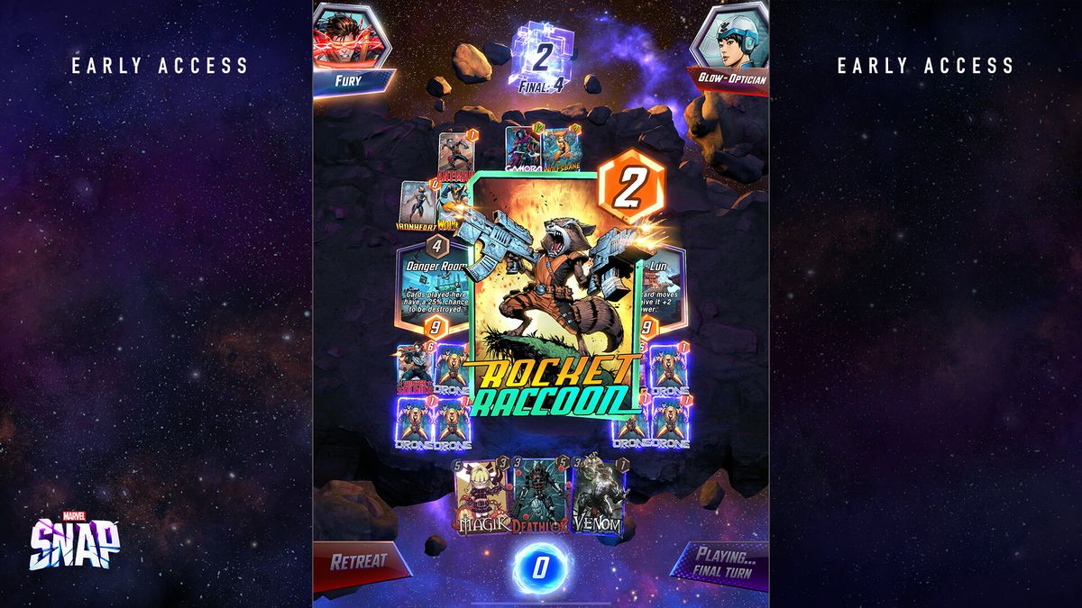 Rocket Raccoon impugna una pistola e urla su una carta in una partita di Marvel Snap su Steam.