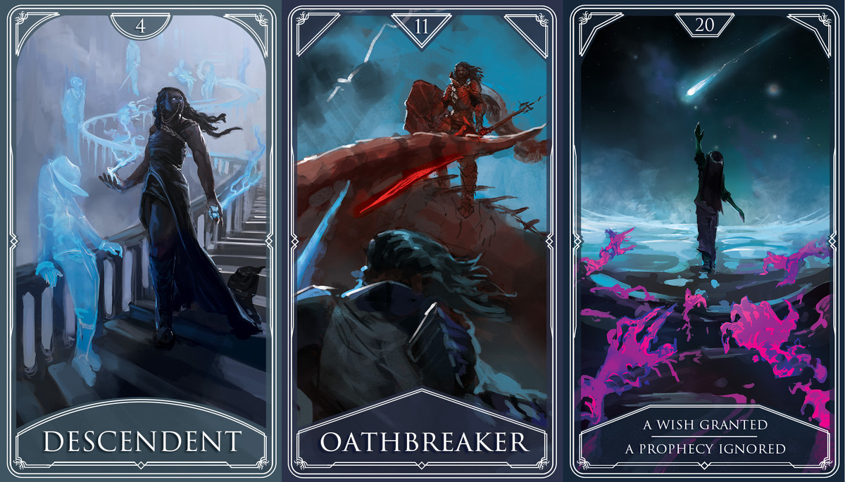 Tre carte in stile tarocchi recitano: Discendente, che mostra una donna nera che scende le scale piene di spettri spettrali; Oathbreaker, che mostra due guerrieri su un campo di battaglia; e A Wish Granted/A Prophecy Ignored, che mostrano le mani viola striscianti che cercano un eroe, una stella cadente.