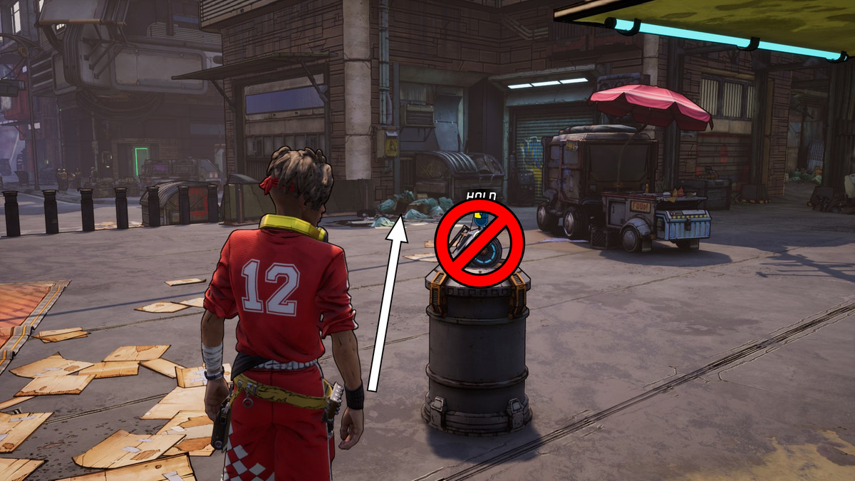 Segnale di stop rosso su una radio e una freccia che mostra il percorso corretto da percorrere. Uomo in abito rosso con cuffie gialle intorno al collo. Ambiente ombreggiato con celle d'inchiostro.