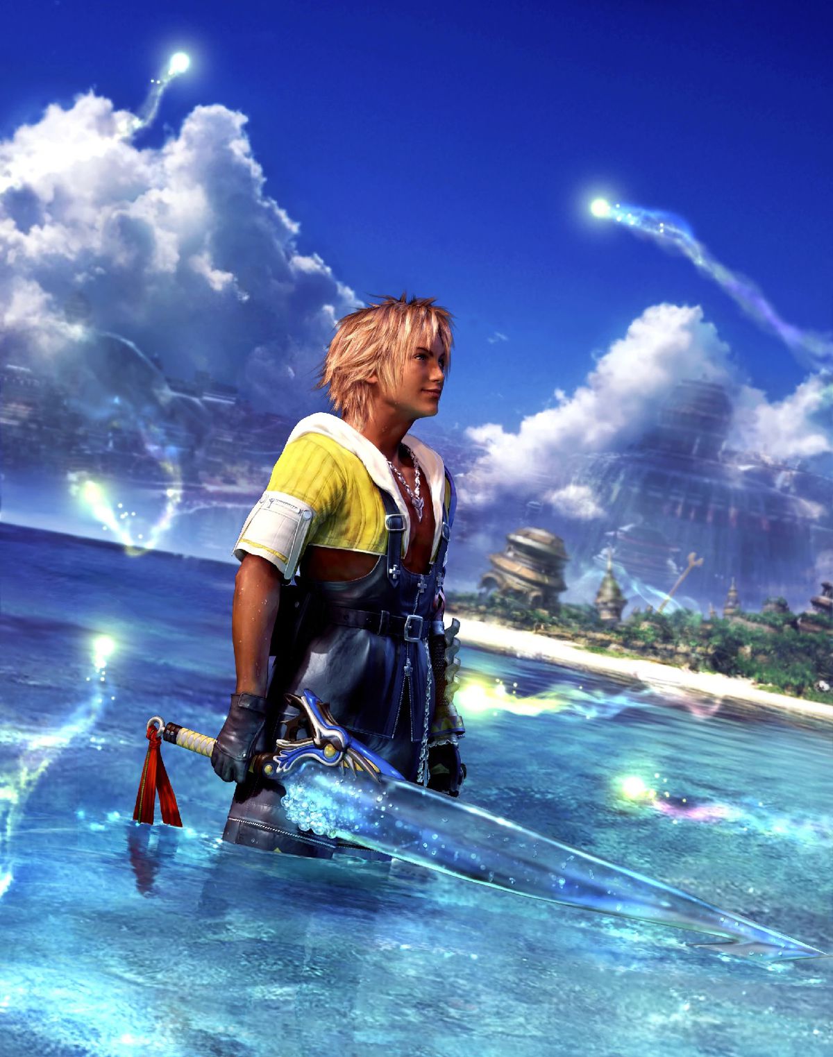Tidus si trova nell'oceano mentre impugna una spada in un'opera d'arte di Final Fantasy 10