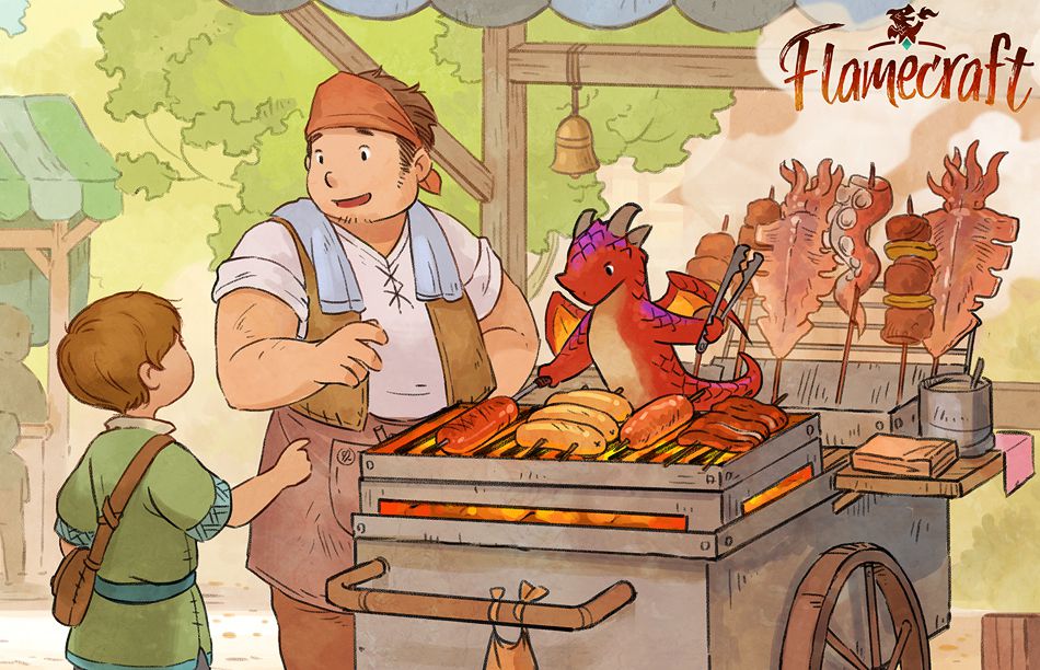 Un carrello di cibo che vende pezzetti di calamari e salsicce, i cui fuochi sono alimentati da un minuscolo drago rosso e viola. Un ragazzo in verde chiede un boccone al venditore, un uomo corpulento in abiti medievali.