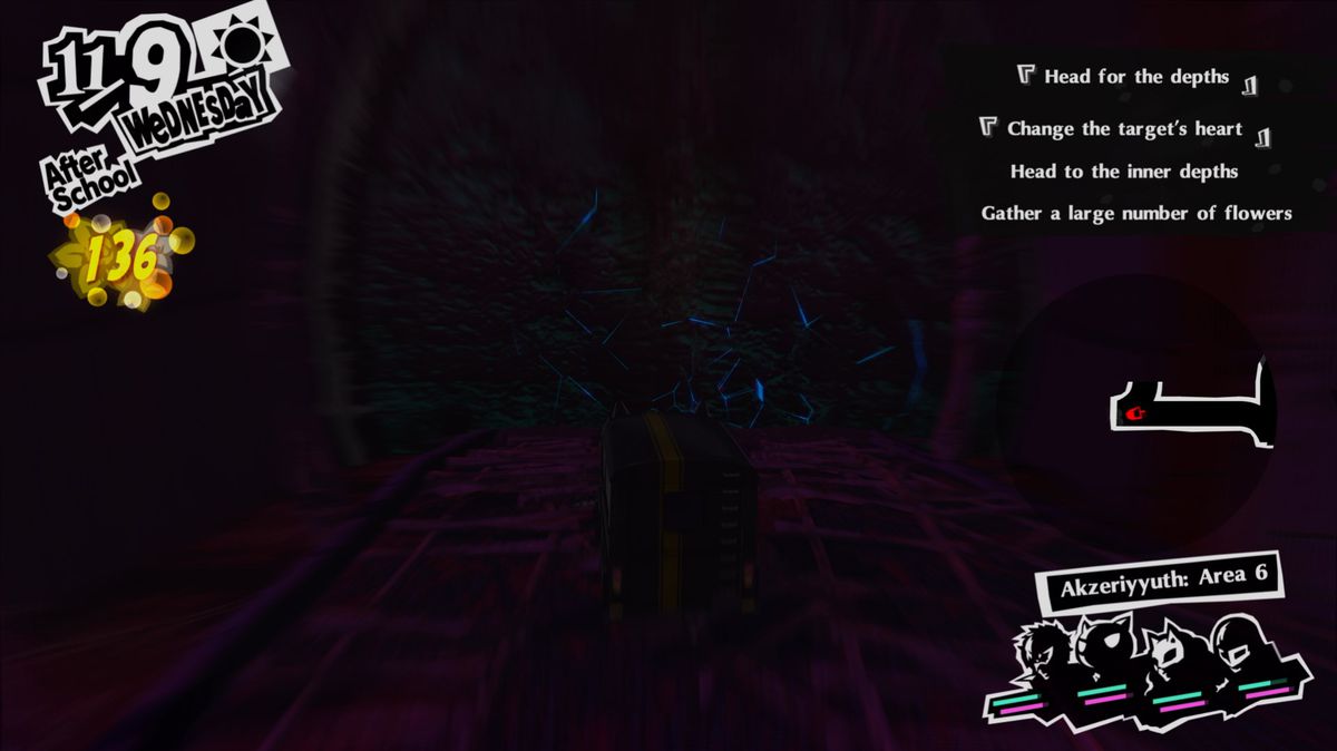 Il bus del gatto di Morgana si forma davanti a un muro scuro, ci sono delle crepe blu sul muro se guardi attentamente