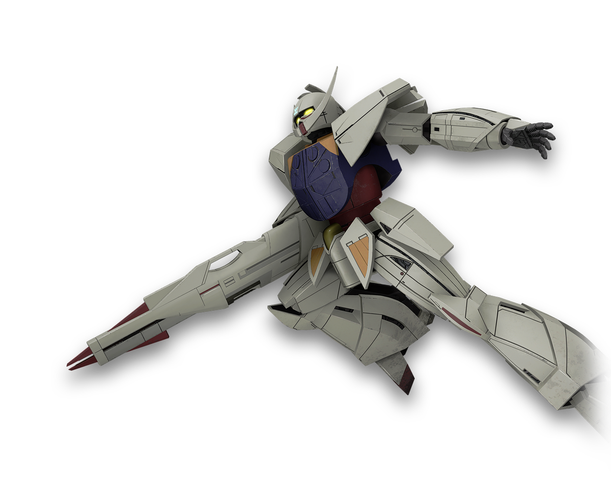 Un Gundam bianco con un busto blu e rosso salta a sinistra, il braccio sinistro teso dietro di esso, con l'altro braccio che regge un cannone laser molto grande, che è puntato nell'angolo in basso a sinistra.