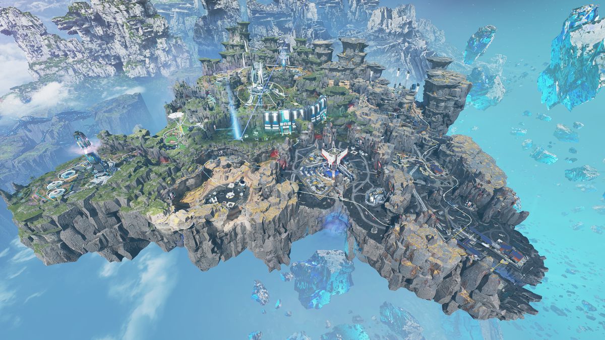 La panoramica completa della mappa di Broken Moon in Apex Legends. È un grosso pezzo di luna che galleggia tra altri frammenti rocciosi, la luna stessa è stata distrutta da un'enorme collisione di asteroidi anni fa.