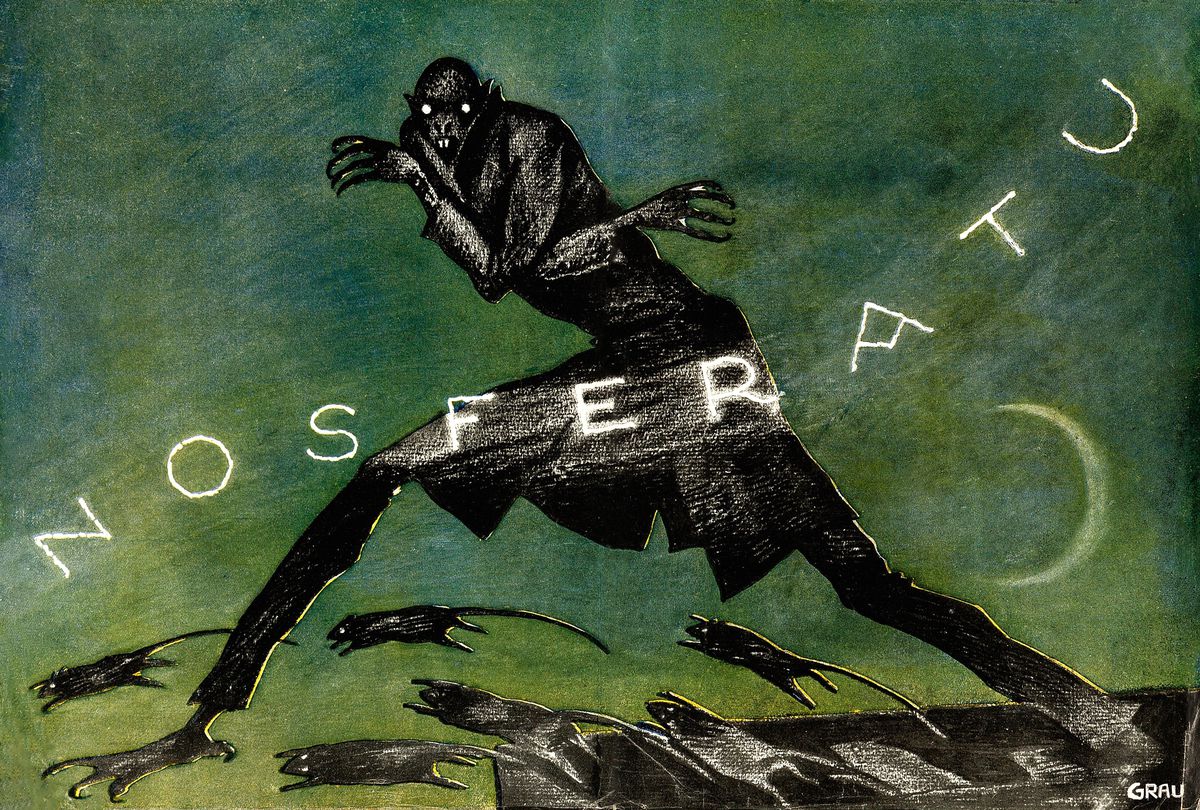 La grafica promozionale per il film muto di FW Murnau del 1922 Nosferatu mostra il vampiro titolare come una figura lunga, magra, dagli occhi luminosi con zanne sporgenti, che cammina su uno sfondo verde con una collezione di topi saltellanti