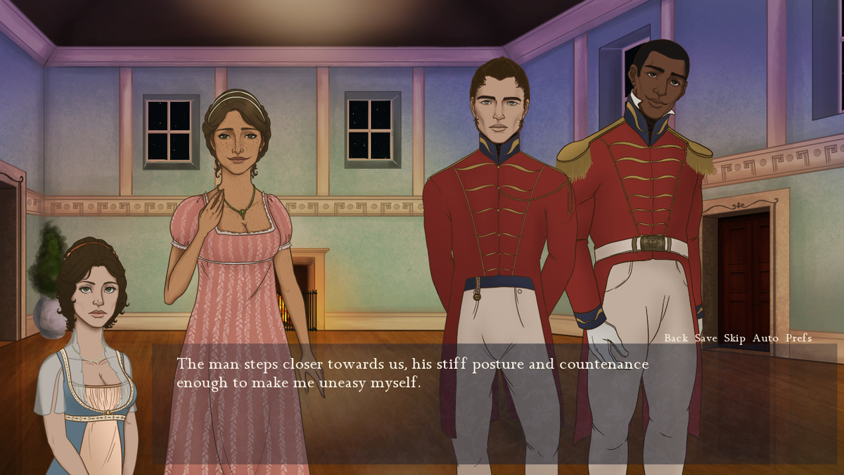 Quattro personaggi animati in 2D vestiti con abiti formali sono tutti rivolti in avanti in uno screenshot di The Lady's Choice, una visual novel. Il testo del narratore del gioco recita: