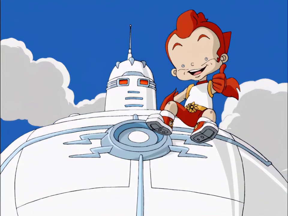 Un robot rosso sorride con il pollice alzato seduto sulla spalla di uno stoico robot bianco e blu senza bocca.