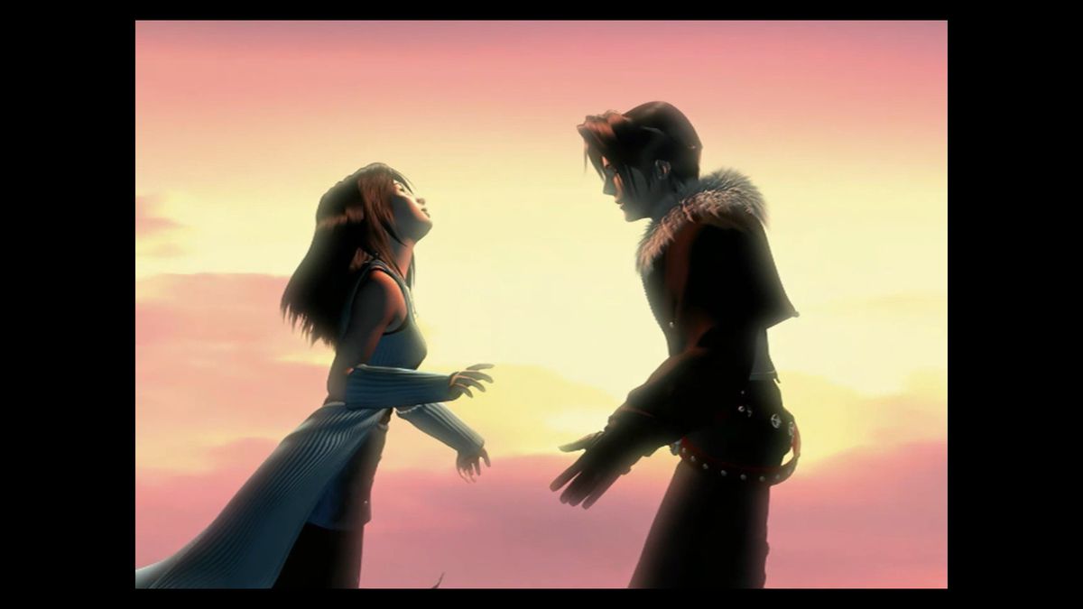 Squall e Rinoa si avvicinano a un tramonto per un abbraccio in questo screenshot di Final Fantasy 8 Remastered
