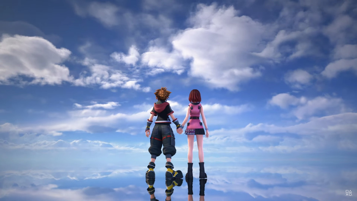 Sora e Kairi guardano insieme il vasto cielo in Kingdom Hearts 3