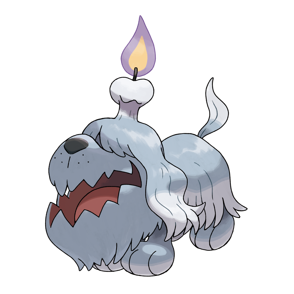 Un'illustrazione di Greavard, il Pokémon Cane fantasma. È un grosso cane irsuto con una mascella seghettata, grandi piedi rotondi e una candela accesa sulla testa.