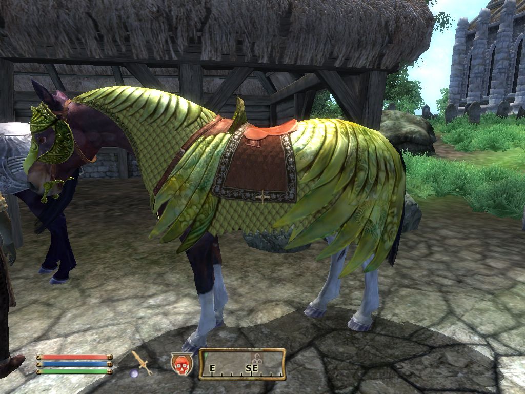 Uno screenshot mostra un'armatura d'oro brillante su un cavallo in Elder Scrolls 4: Oblivion.