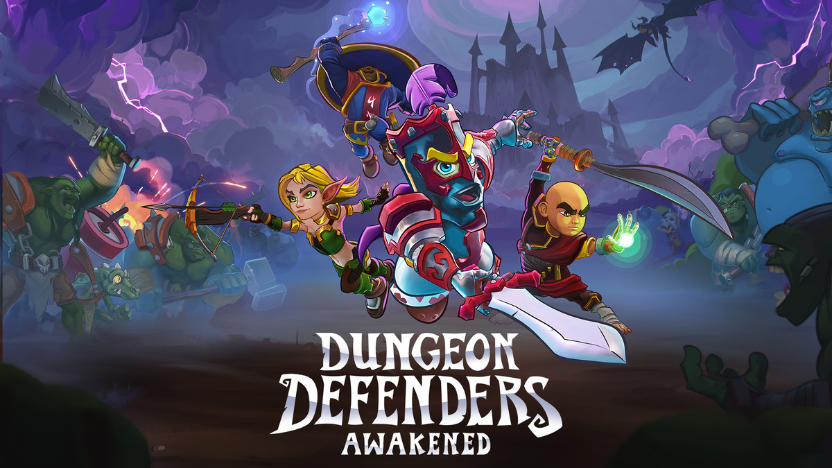 Quattro Dungeon Defenders: personaggi risvegliati, ognuno con il proprio aspetto e le proprie armi, che combattono mostri in un mondo oscuro e nuvoloso. Il testo sullo schermo recita