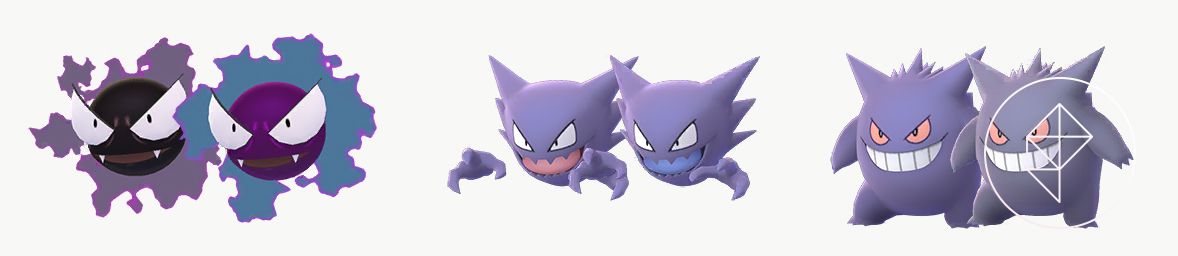 Shiny Gastly, Haunter e Gengar con la sua versione normale. Shiny Gastly e Haunter sono più colorati di blu, mentre Gengar è un viola più pallido.