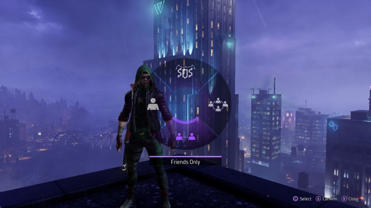 Batgirls sta su un tetto di notte in Gotham Knights mentre esamina le opzioni multiplayer.