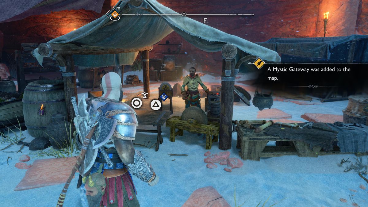 Kratos si trova di fronte al negozio di Sindri in un canyon ad Alfheim in God of War Ragarnok.