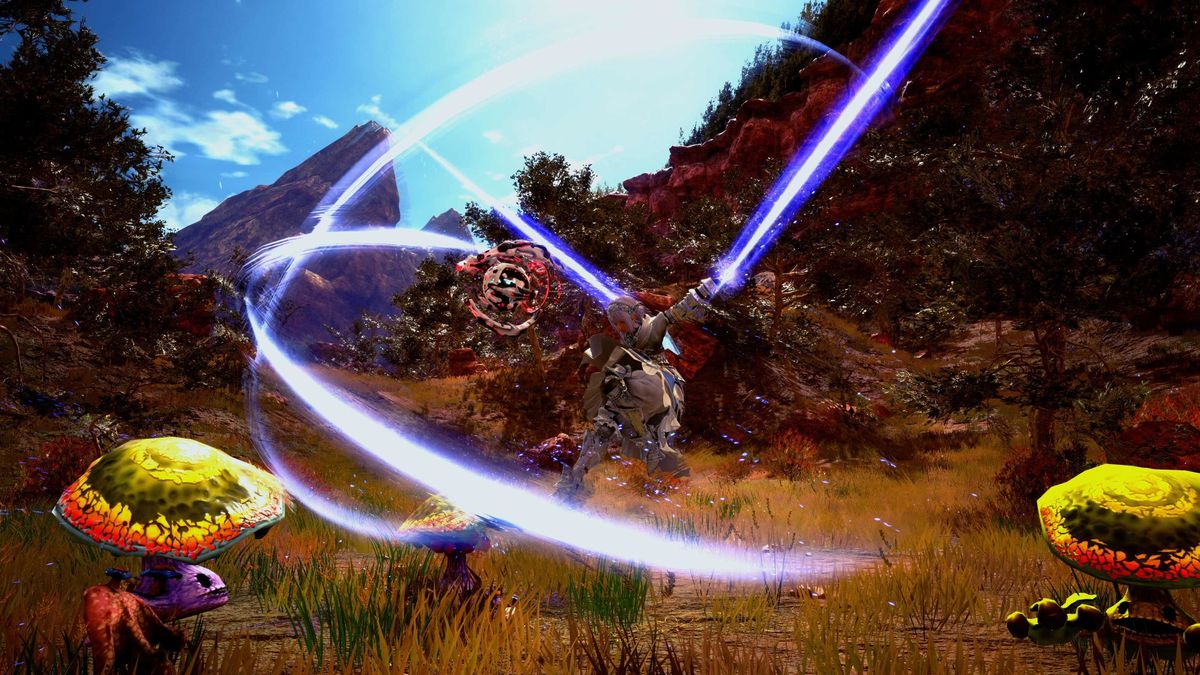 Laeticia si lancia in combattimento in un campo in Star Ocean: The Divine Force's overworld