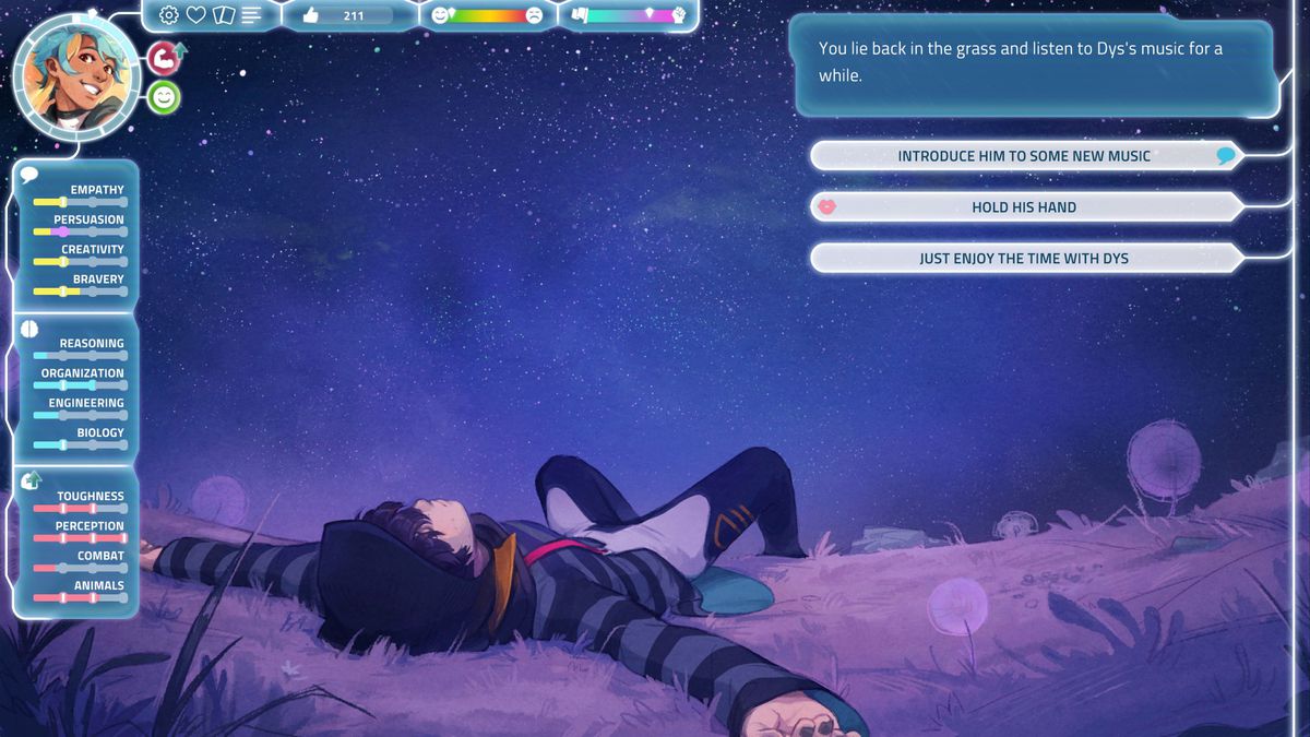 Un ragazzino giace sul terreno soffice, guardando le stelle, in uno screenshot di I Was a Teenage Exocolonist. Il gioco offre opzioni di interazione tra cui condividere musica, godersi il cielo notturno o tenersi per mano.