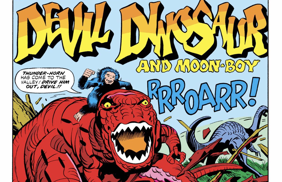 «Il corno del tuono è arrivato a valle! Scaccialo, Devi!!” grida l'ominide Moon Boy, mentre cavalca Devil Dinosaur in Devil Dinosaur #1 (1978).