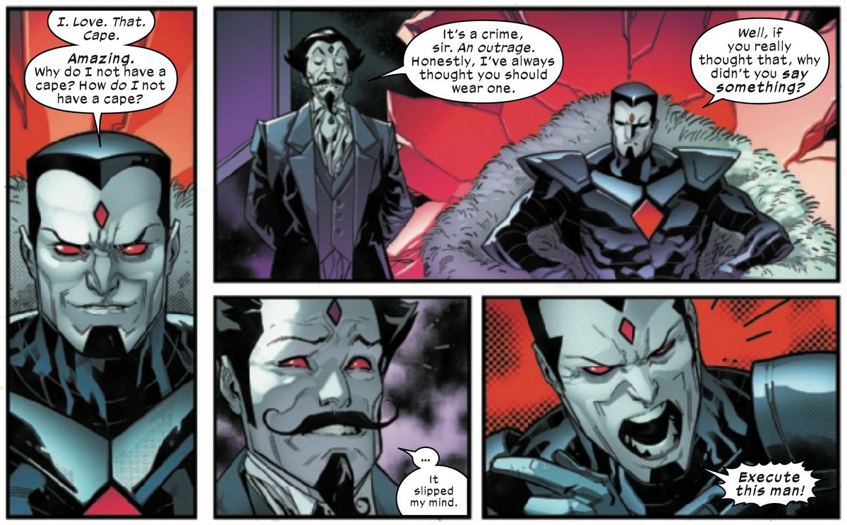 Mister Sinister esprime il desiderio di un mantello e poi ordina l'esecuzione di un consigliere - che è anche un clone di Mister Sinister - per non avergli consigliato di prendere un mantello, in Powers of X # 4, Marvel Comics (2019).